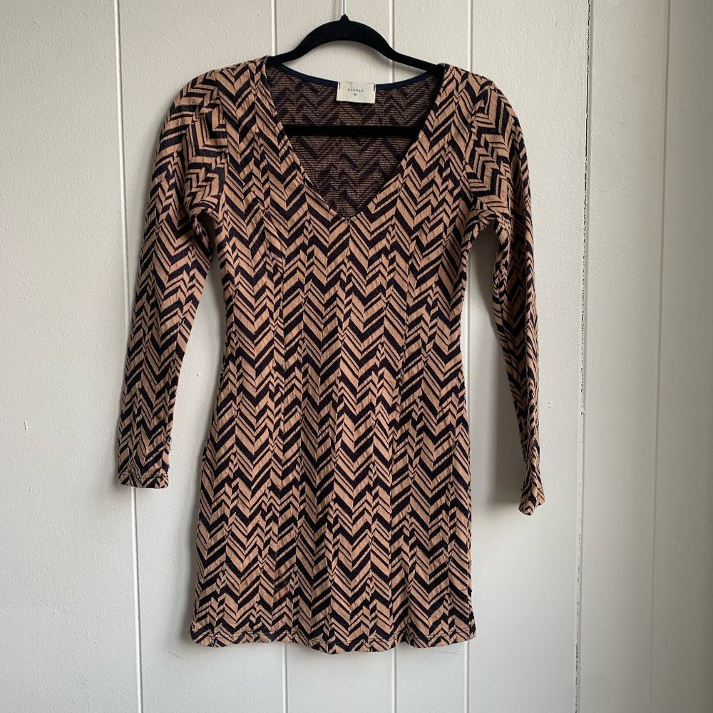 Everly Tan & Black Chevron Patterned Form Fitting Mini Dress